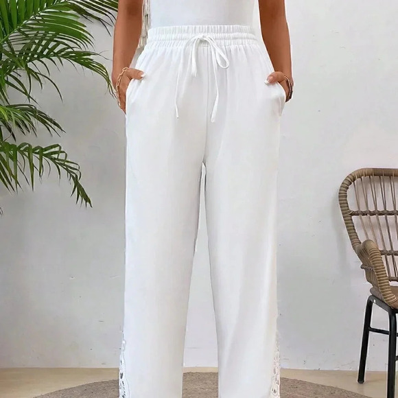 Boho Women's Patchwork Elastic Waist Slant Pocket Straight Leg Pants White - Picture 5 of 7